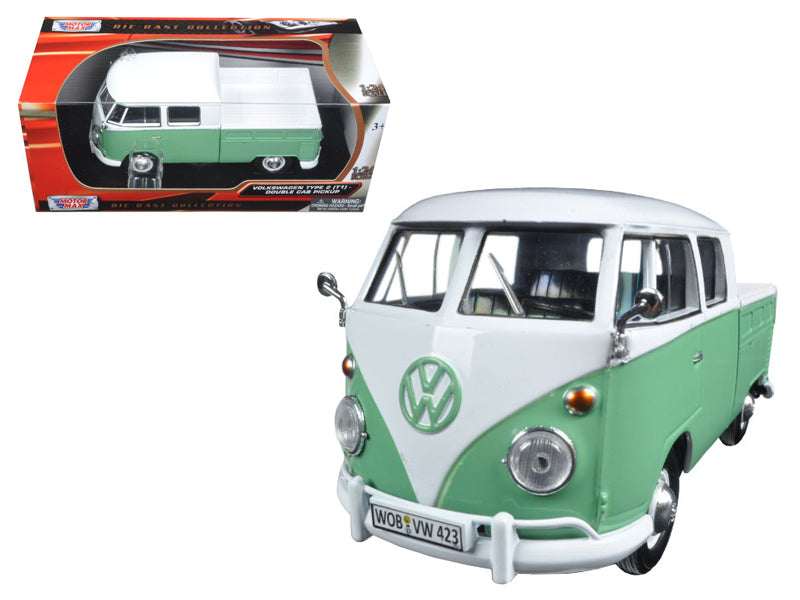 Volkswagen Type 2 (T1) Double Cab Pickup Truck White and Green 1/24 Diecast Model Car by Motormax free shipping USA