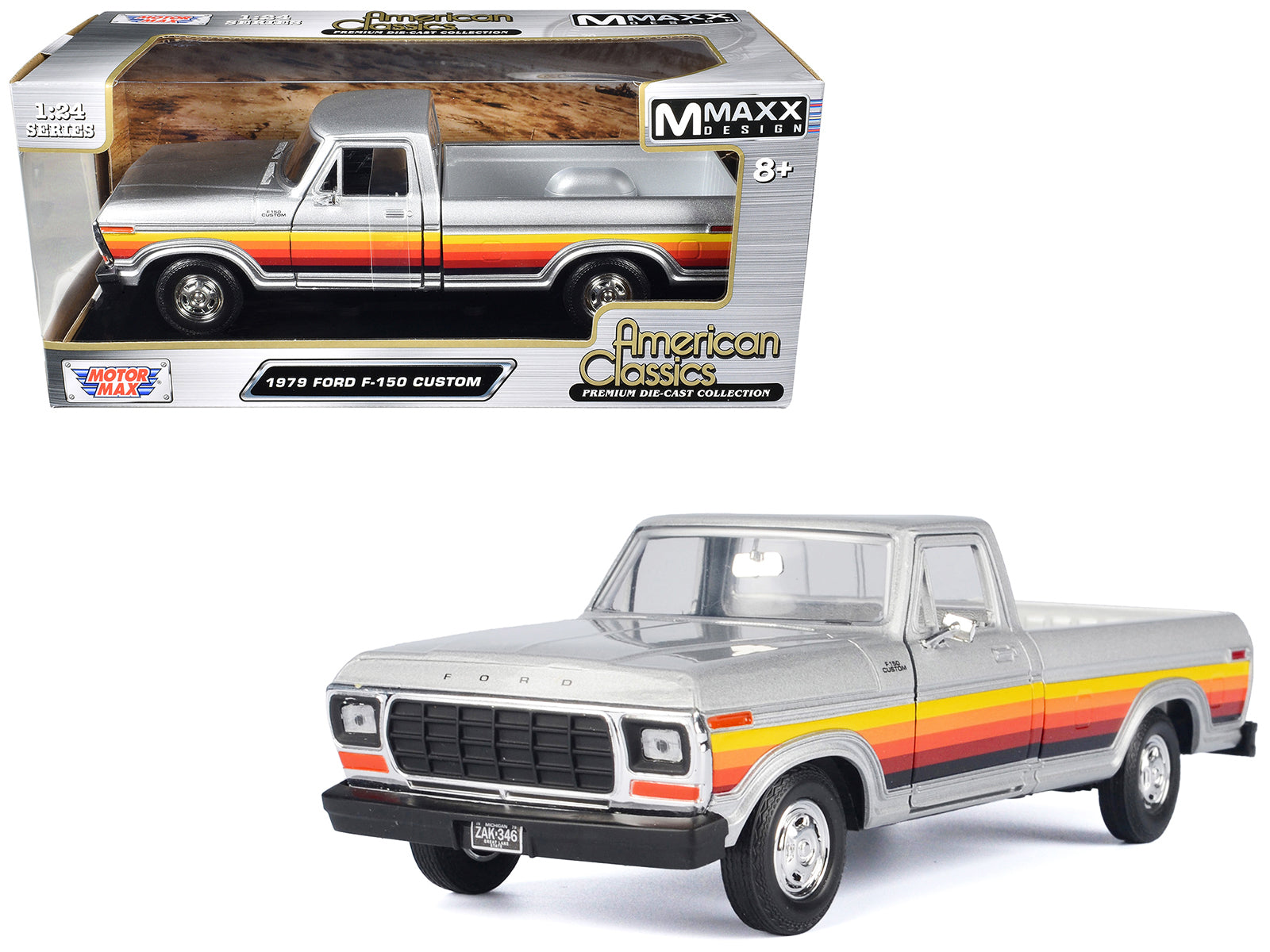 1979 Ford F-150 Custom Pickup Truck Silver Metallic with Side Stripes "American Classics" Series 1/24 Diecast Model Car by Motormax free shipping USA