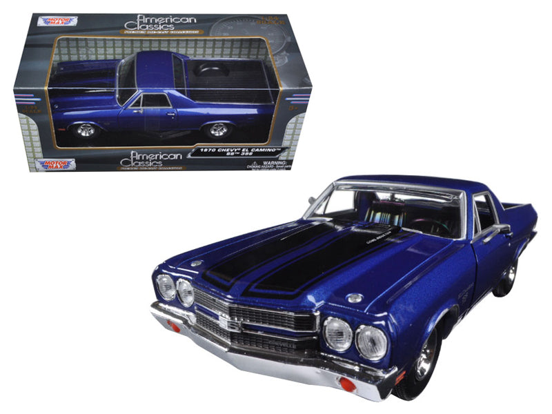 1970 Chevrolet El Camino SS 396 Dark Blue Metallic with Black Stripes 1/24 Diecast Model Car by Motormax free shipping USA