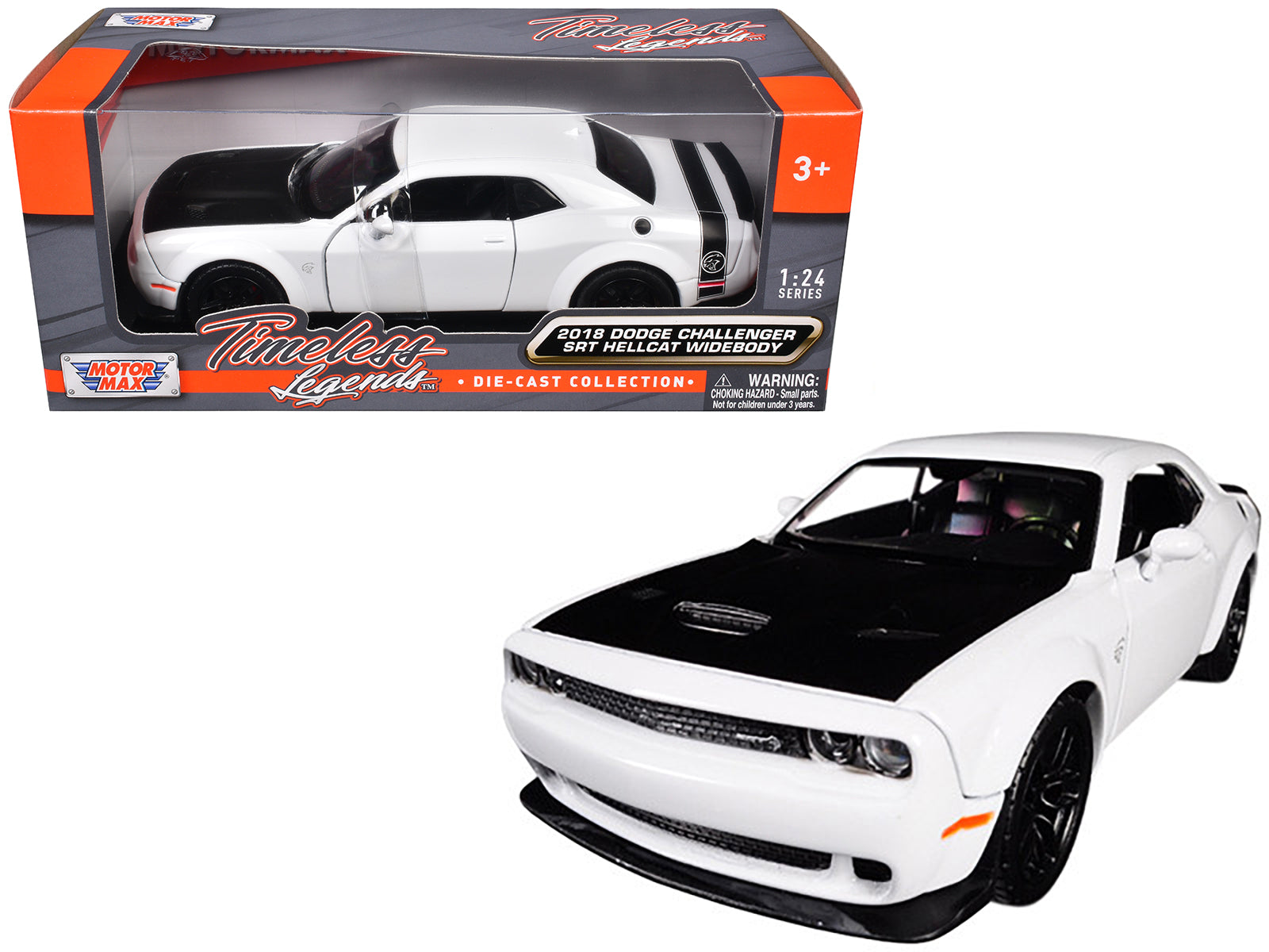 2018 Dodge Challenger SRT Hellcat Widebody White with Black Hood 1/24 Diecast Model Car by Motormax free shipping USA