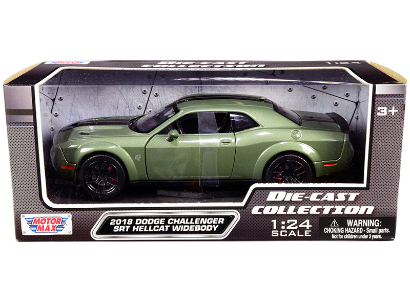2018 Dodge Challenger SRT Hellcat Widebody Green Metallic with Black Stripes 1/24 Diecast Model Car by Motormax free shipping USA
