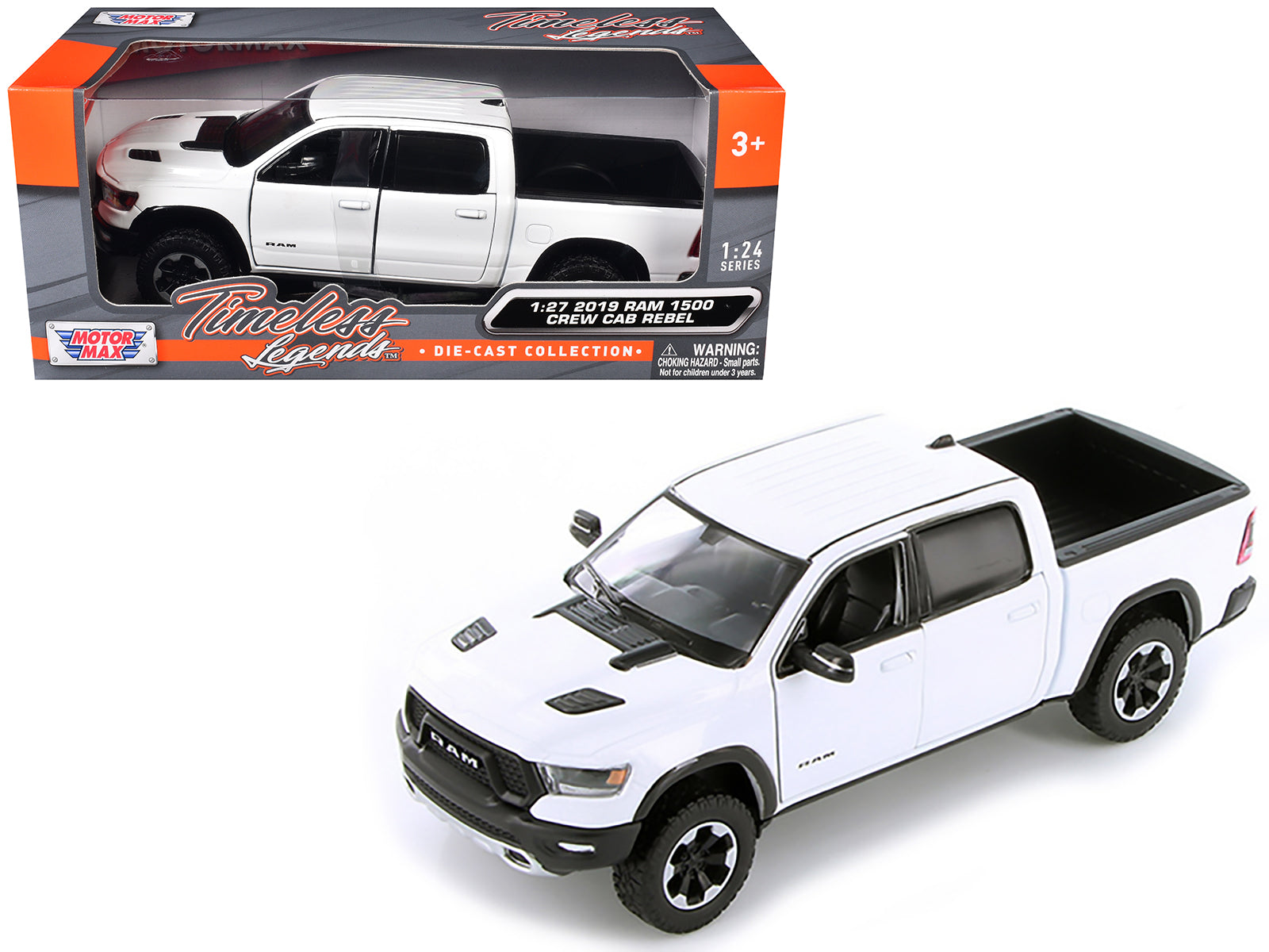 2019 RAM 1500 Rebel Crew Cab Pickup Truck White 1/24-1/27 Diecast Model Car by Motormax free shipping USA