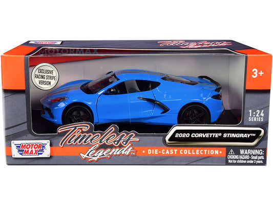 2020 Chevrolet Corvette C8 Stingray Blue with Silver Racing Stripes "Timeless Legends" 1/24 Diecast Model Car by Motormax free shipping USA