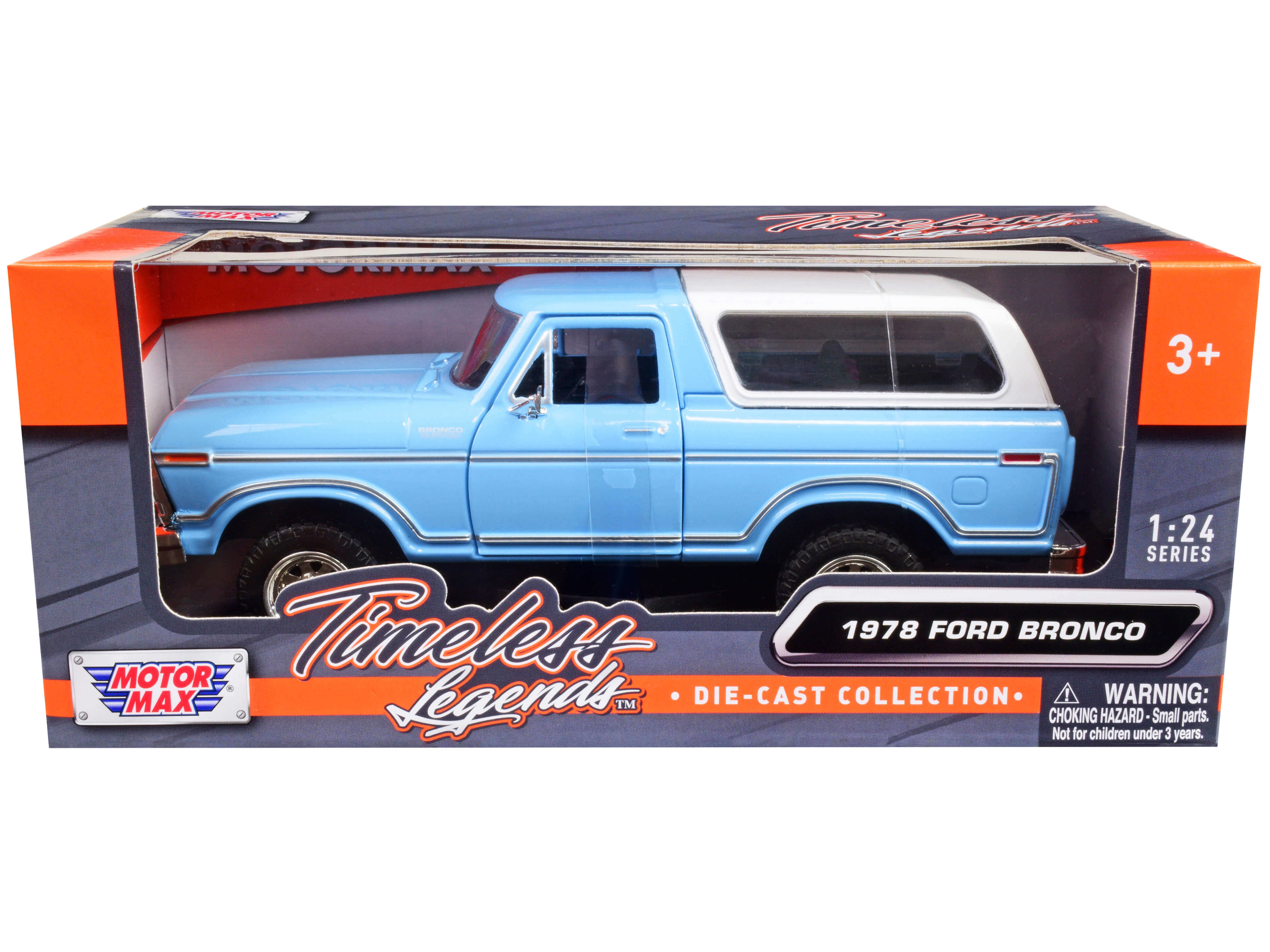 1978 Ford Bronco Custom Light Blue and White "Timeless Legends" Series 1/24 Diecast Model Car by Motormax free shipping USA