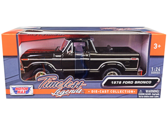 1978 Ford Bronco Custom (Open Top) Black "Timeless Legends" Series 1/24 Diecast Model Car by Motormax free shipping USA