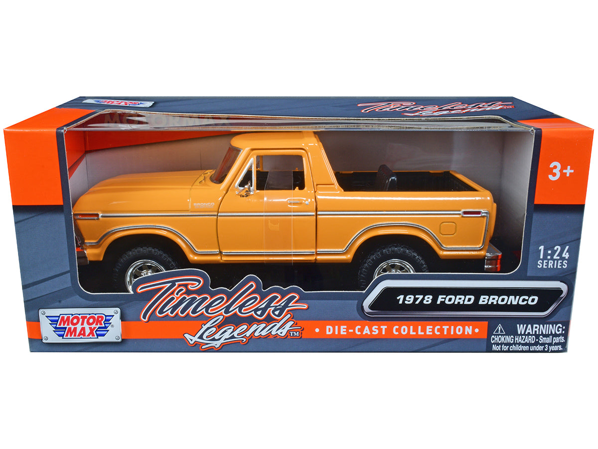 1978 Ford Bronco Custom (Open Top) Yellow with "Timeless Legends" Series 1/24 Diecast Model Car by Motormax free shipping USA