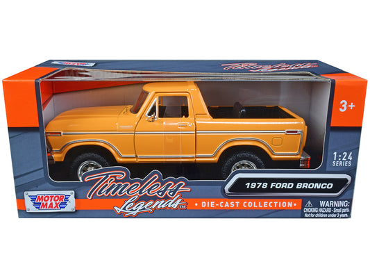 1978 Ford Bronco Custom (Open Top) Yellow with "Timeless Legends" Series 1/24 Diecast Model Car by Motormax free shipping USA