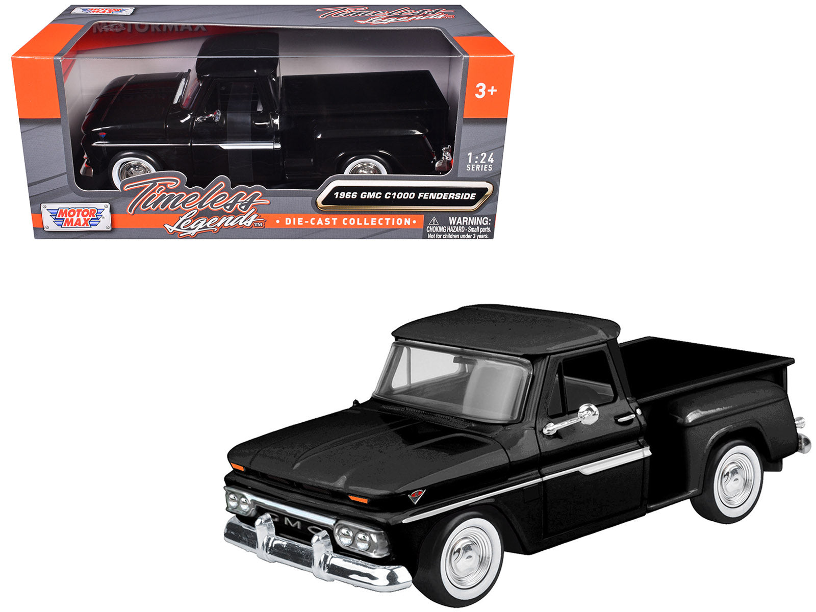 1966 GMC C1000 Fenderside Pickup Truck Black "Timeless Legends" Series 1/24 Diecast Model Car by Motormax free shipping USA