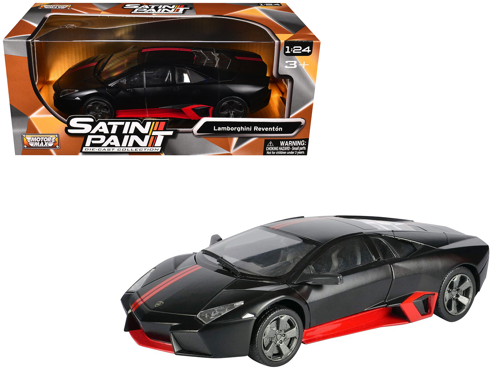 Lamborghini Reventon Matt Black with Red Stripes "Satin Paint" Series 1/24 Diecast Model Car by Motormax free shipping USA