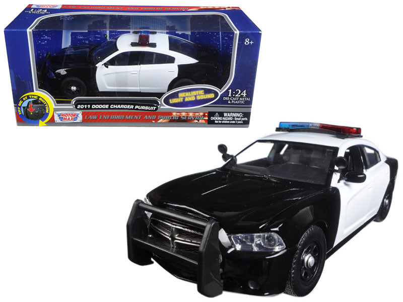 2011 Dodge Charger Pursuit Police Car Black and White with Flashing Light Bar and Front and Rear Lights and 2 Sounds 1/24 Diecast Model Car by Motormax free shipping USA