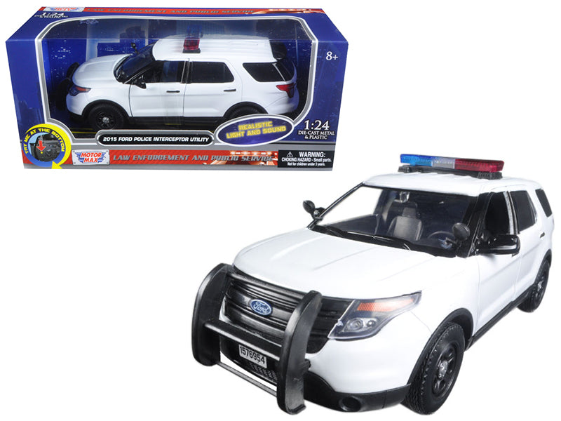 2015 Ford Police Interceptor Utility White with Flashing Light Bar and Front and Rear Lights and 2 Sounds 1/24 Diecast Model Car by Motormax free shipping USA