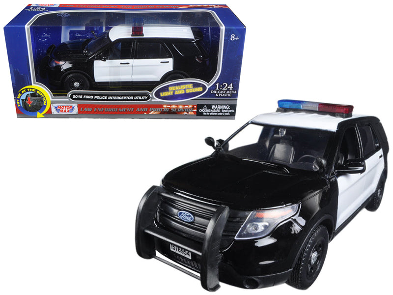 2015 Ford Police Interceptor Utility Black and White with Flashing Light Bar and Front and Rear Lights and 2 Sounds 1/24 Diecast Model Car by Motormax free shipping USA