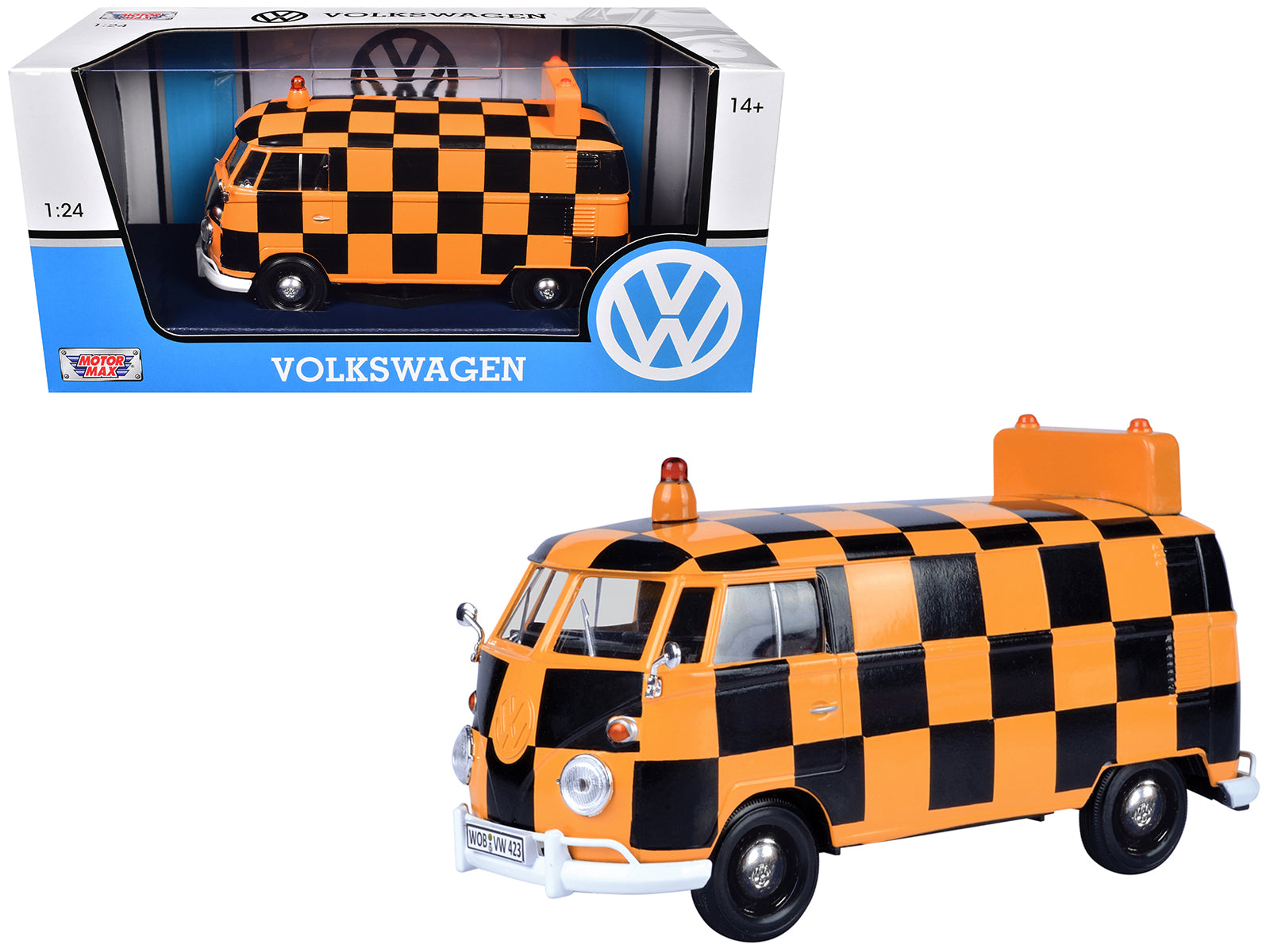 Volkswagen Type 2 (T1) Airport Runway Delivery Van Black and Orange Checkered 1/24 Diecast Model Car by Motormax free shipping USA
