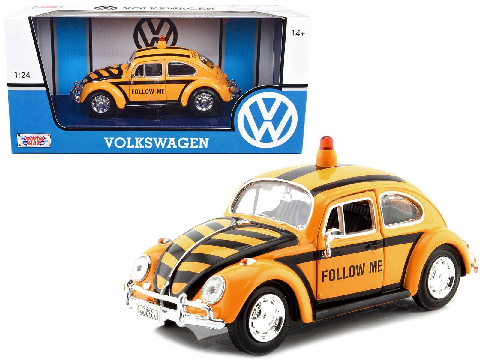 1966 Volkswagen Beetle "Follow Me" Airport Safety Vehicle Yellow with Black Stripes 1/24 Diecast Model Car by Motormax free shipping USA