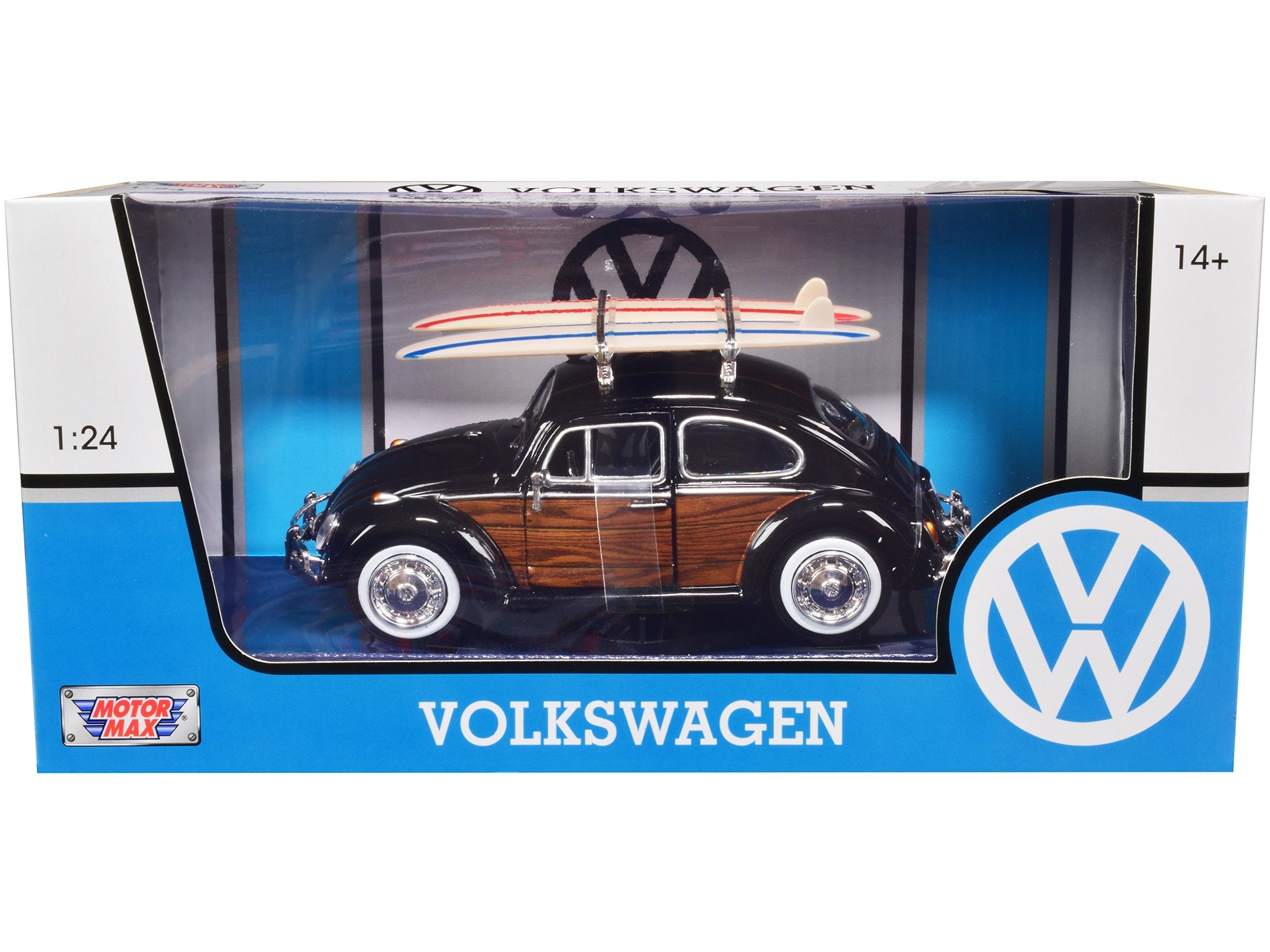 1966 Volkswagen Beetle Black with Wood Panels and Two Surfboards on Roof Rack 1/24 Diecast Model Car by Motormax - Premium Volkswagen Models from Motormax - Just $46.94! Shop now at Rapidvehicles