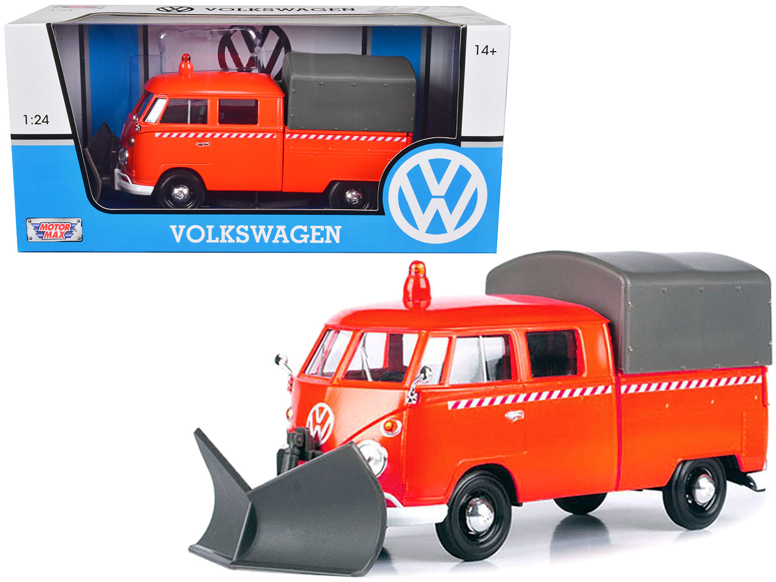 Volkswagen Type 2 (T1) Pickup Truck Orange with Snow Plow and Camper Shell 1/24 Diecast Model Car by Motormax free shipping USA