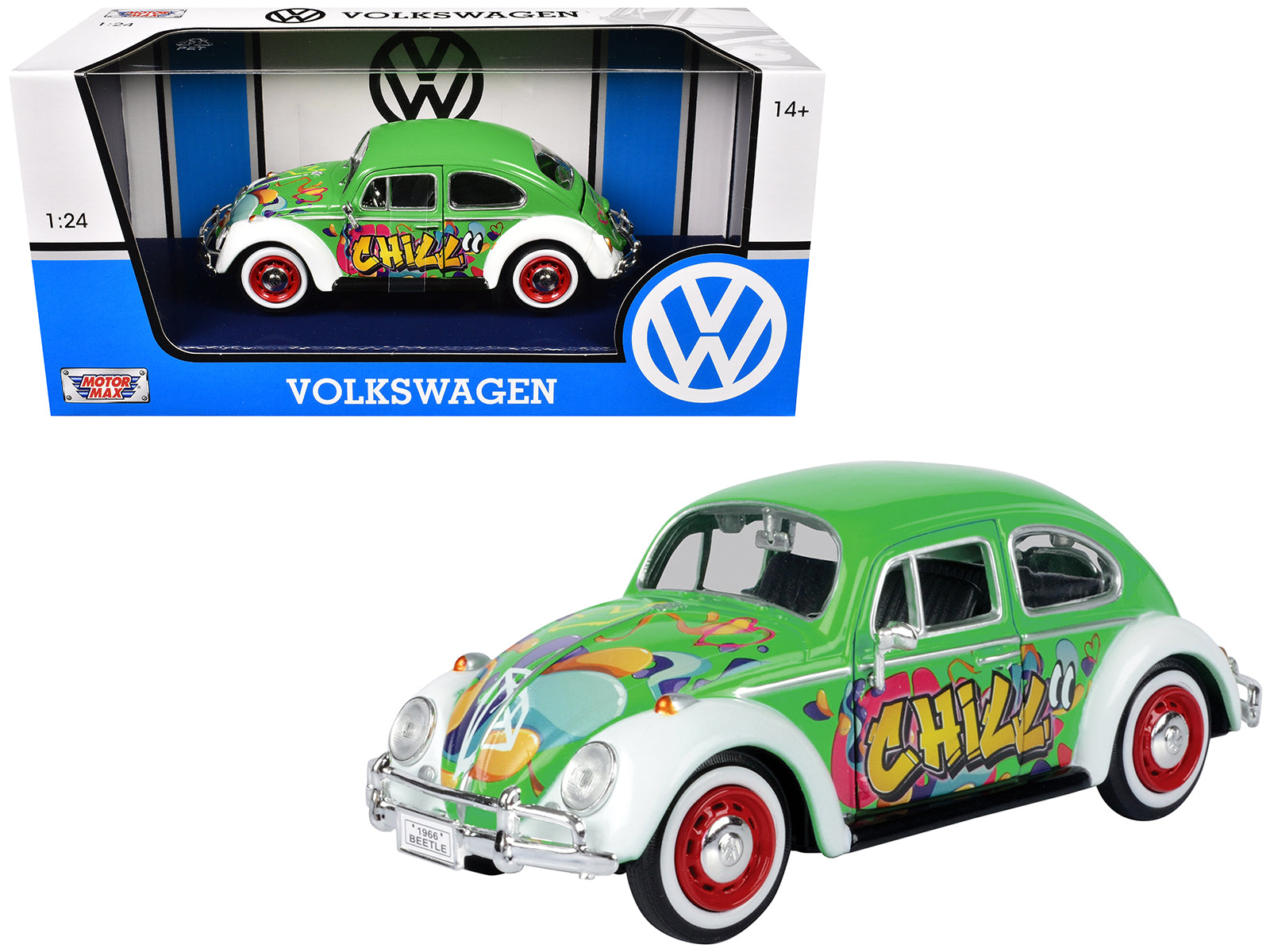 1966 Volkswagen Beetle Green with Graffiti Graphics 1/24 Diecast Model Car by Motormax free shipping USA