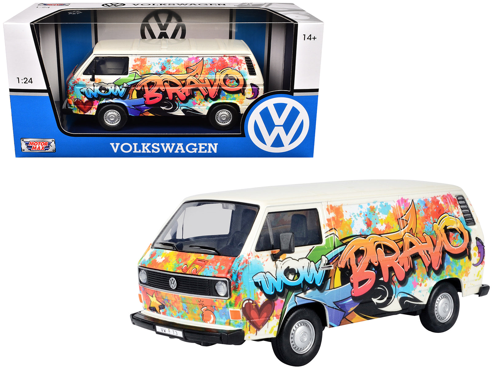 Volkswagen Type 2 (T3) Van White Metallic with Graffiti Graphics 1/24 Diecast Model Car by Motormax free shipping USA