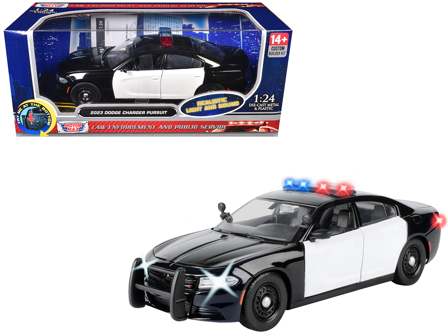 2023 Dodge Charger Pursuit Police Car Black and White with Flashing Light Bar Front and Rear Lights and 2 Sounds "Builder's Kit" 1/24 Diecast Model Car by Motormax - Use code SHOPAPP15 to get 15 percent off