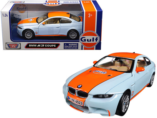 BMW M3 Coupe with "Gulf Oil" Livery Light Blue with Orange Stripe 1/24 Diecast Model Car by Motormax free shipping USA