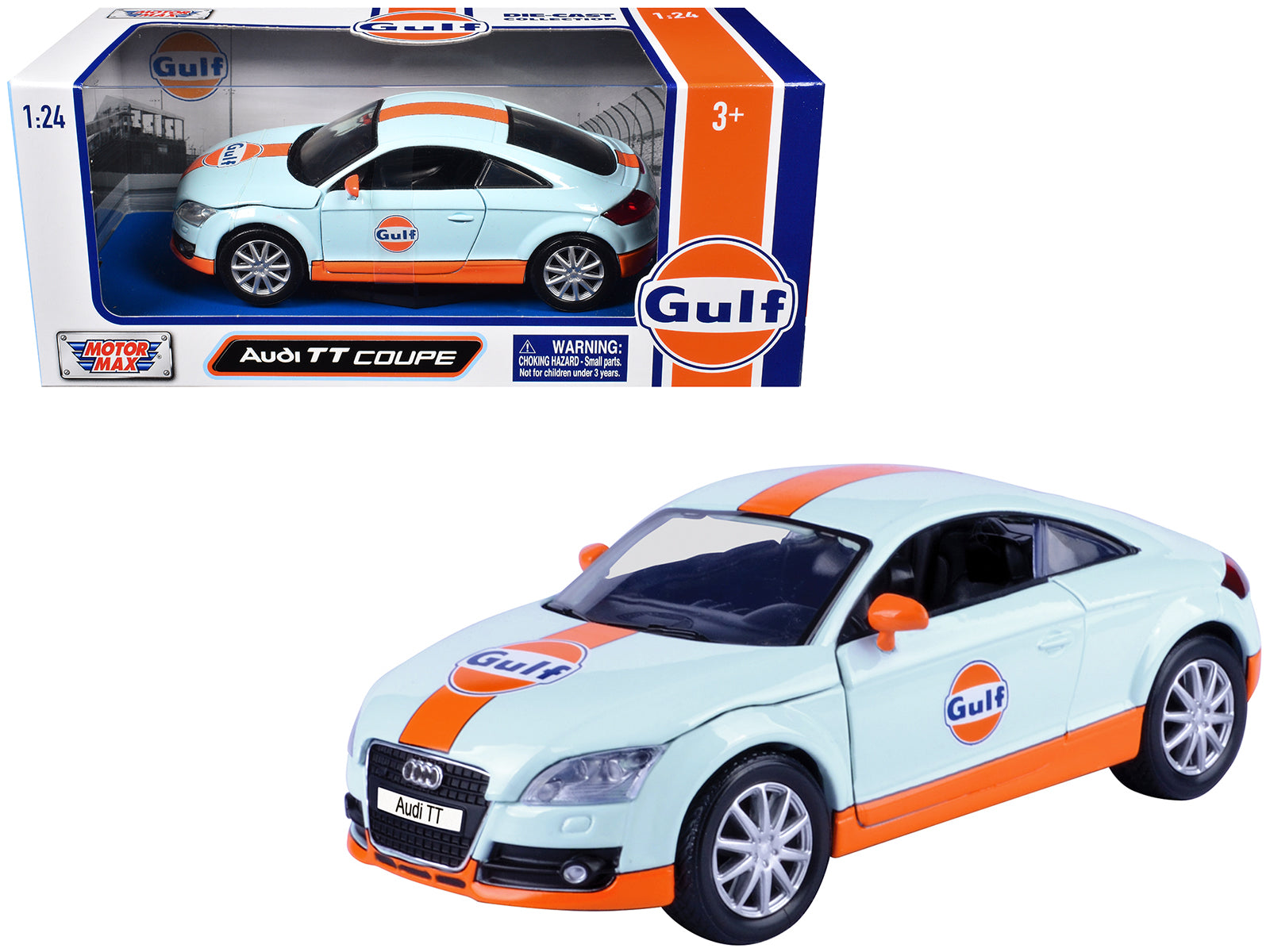 Audi TT Coupe "Gulf Oil" Light Blue with Orange Stripes "Gulf Die-Cast Collection" 1/24 Diecast Model Car by Motormax free shipping USA