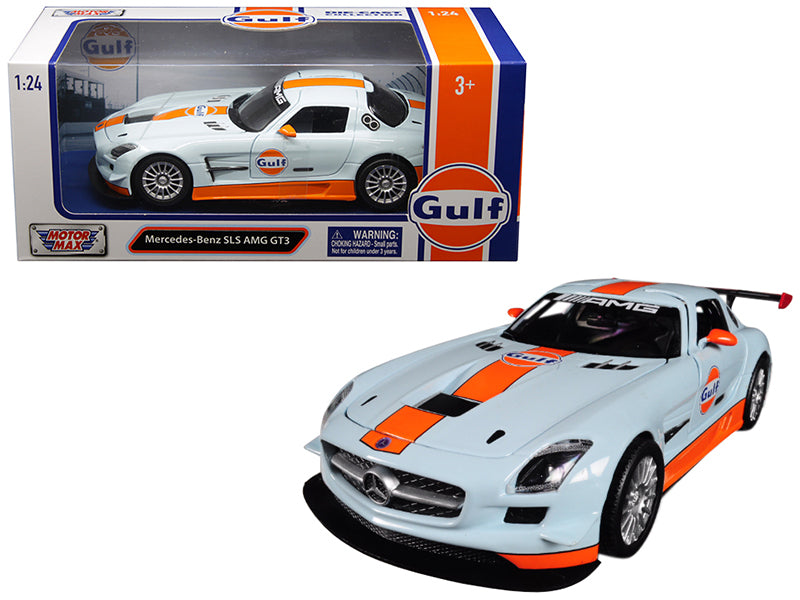 Mercedes Benz SLS AMG GT3 with "Gulf" Livery Light Blue with Orange Stripe 1/24 Diecast Model Car by Motormax free shipping USA