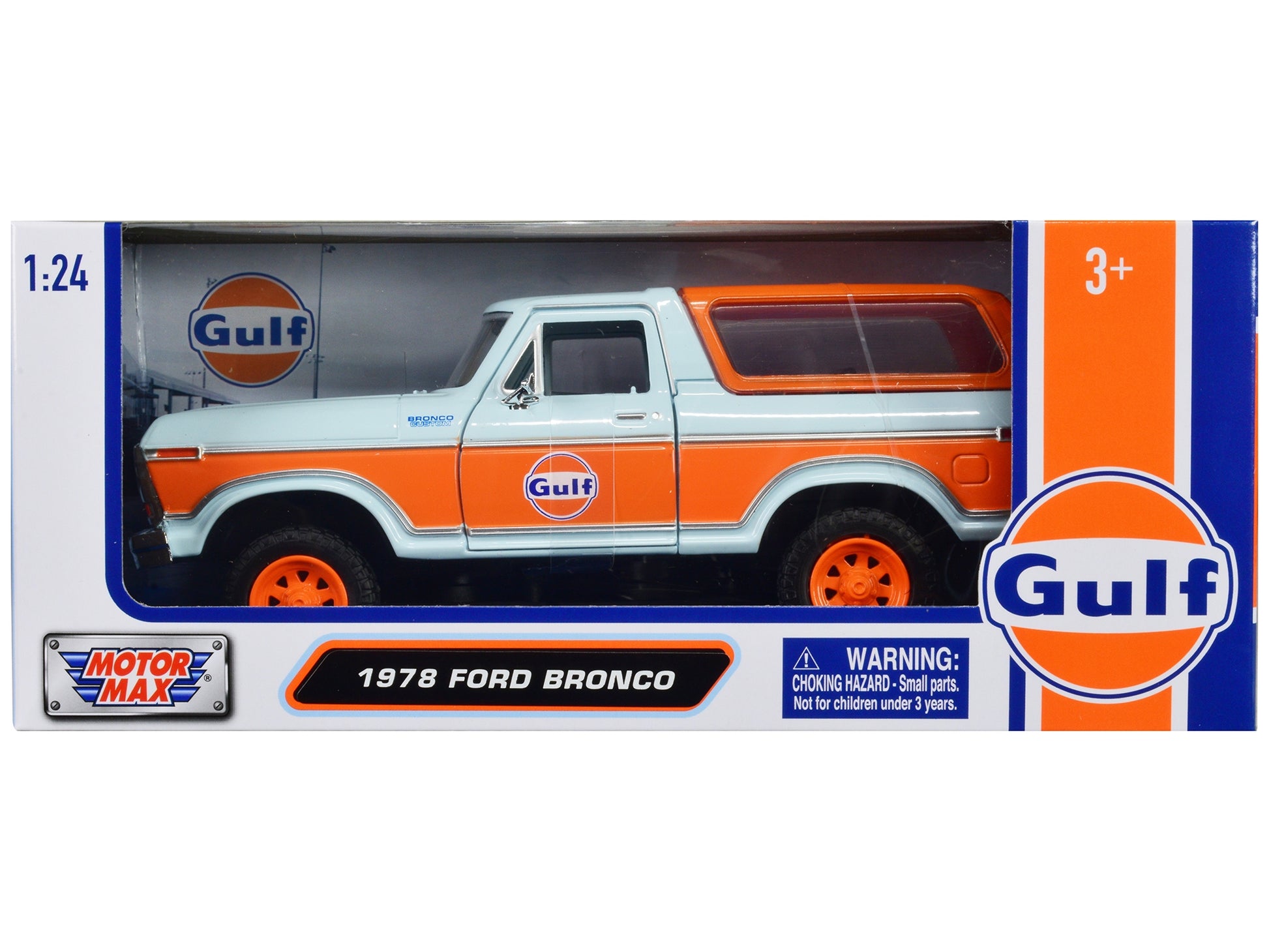 1978 Ford Bronco Light Blue and Orange "Gulf Oil" "Gulf Die-Cast - Premium Gulf Models from Motormax - Just $53.09! Shop now at Rapidvehicles