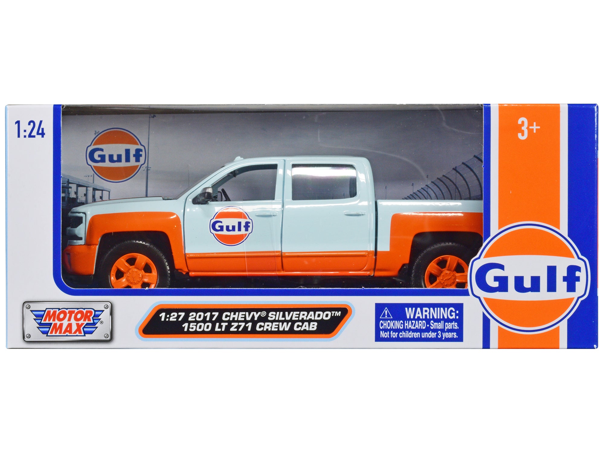 2017 Chevrolet Silverado 1500 LT Z71 Crew Cab Pickup Truck Light Blue with Orange Stripes "Gulf Oil" "Gulf Die-Cast Collection" 1/27 Diecast Model Car by Motormax free shipping USA