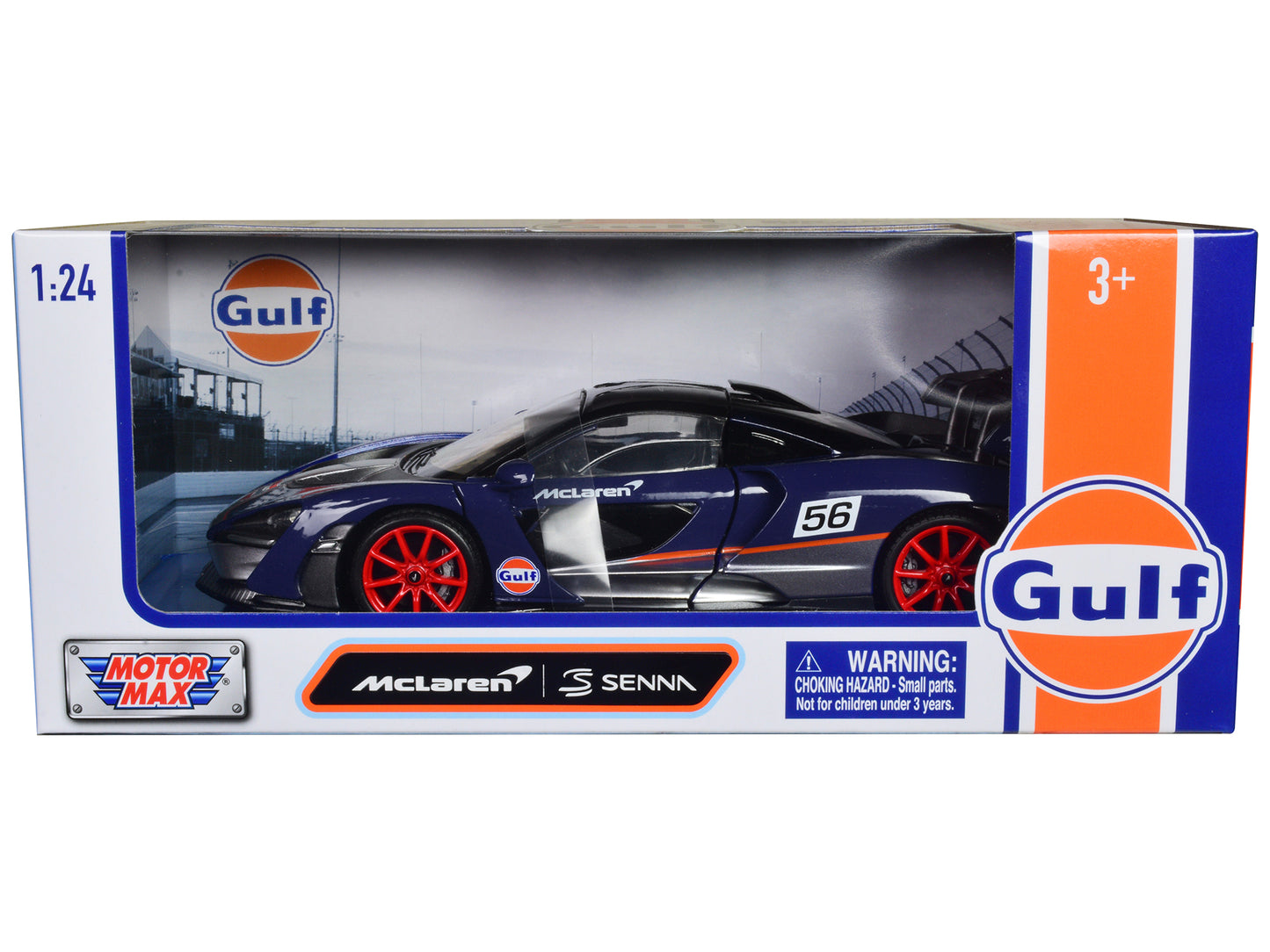 McLaren Senna #56 Dark Blue and Silver with Orange Stripes "Gulf Oil" "Gulf Die-Cast Collection" 1/24 Diecast Model Car by Motormax - Use code SHOPAPP15 to get 15 percent off