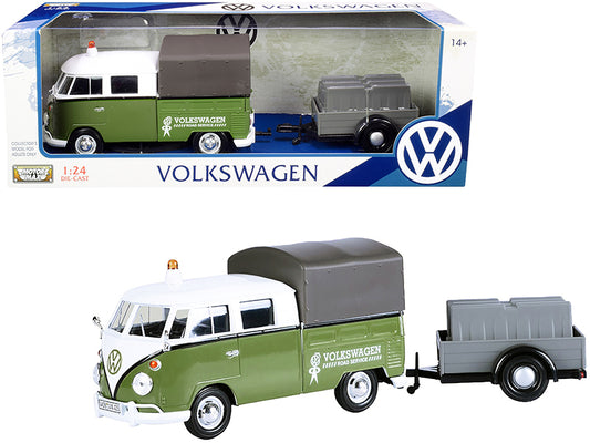 Volkswagen T1 Pickup with Canopy Green and White with Trailer "Road Service" 1/24 Diecast Model Car by Motormax free shipping USA