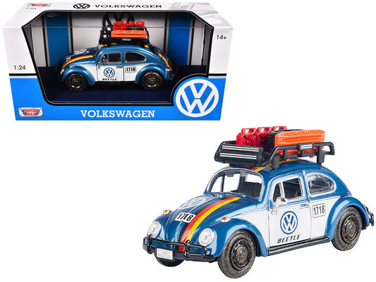 1966 Volkswagen Beetle Off Road #1718 Blue Metallic and White with German Flag Stripes and Roof Rack Accessories 1/24 Diecast Model Car by Motormax