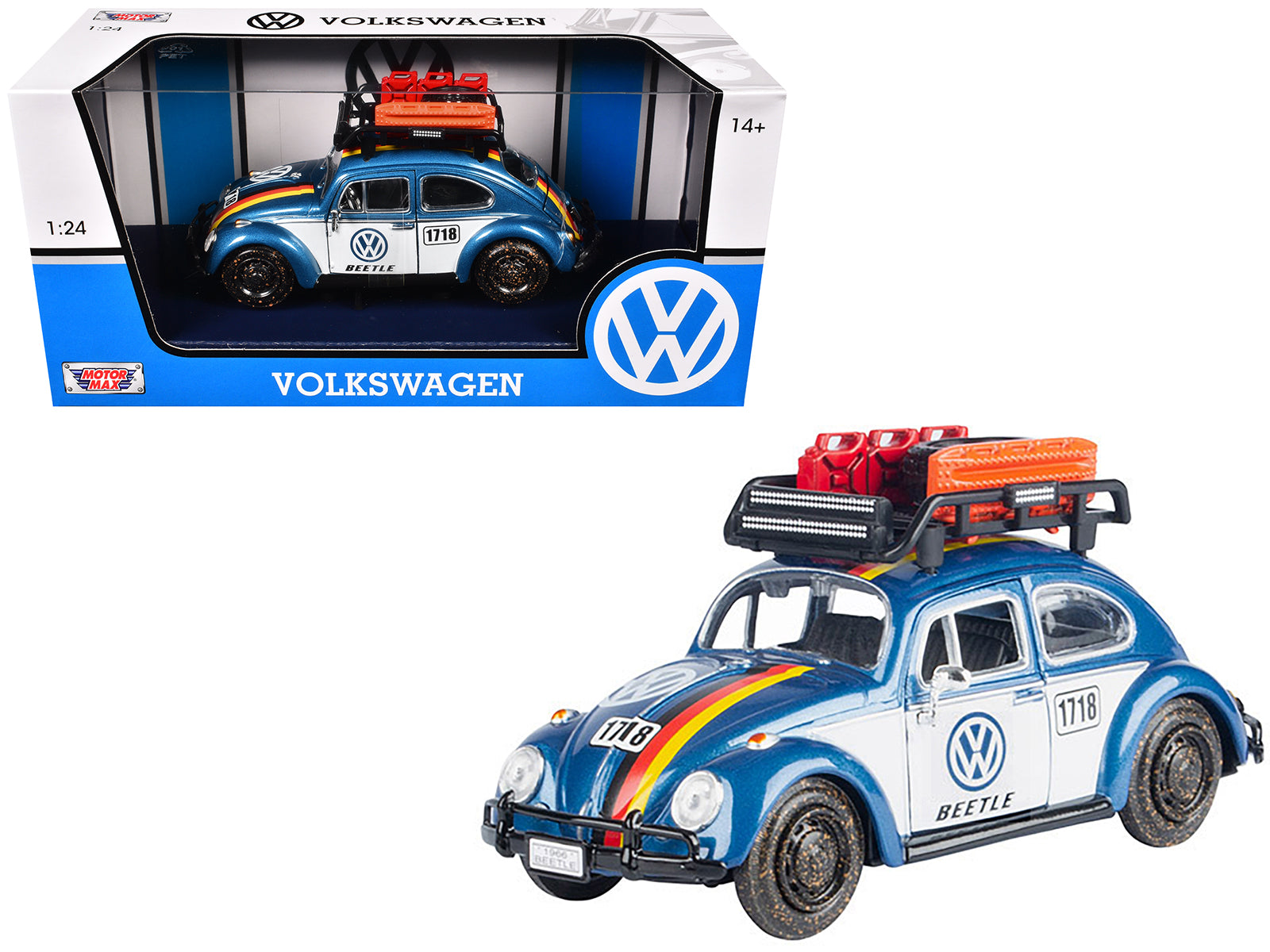 1966 Volkswagen Beetle Off Road #1718 Blue Metallic and White with German Flag Stripes and Roof Rack Accessories 1/24 Diecast Model Car by Motormax free shipping USA