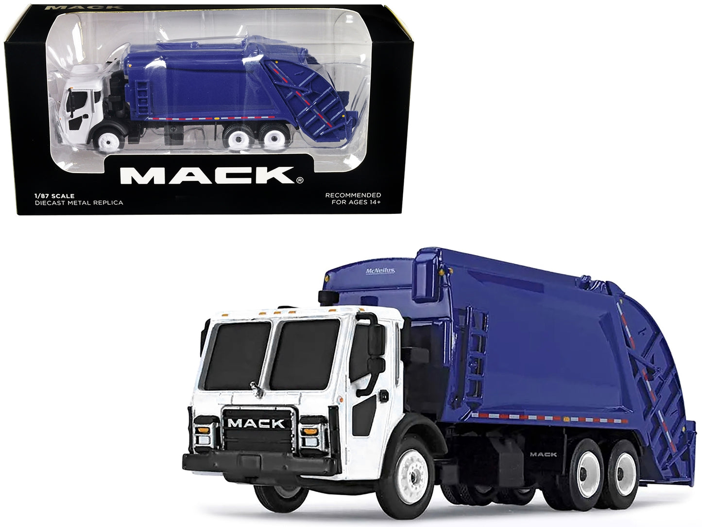 Mack LR with McNeilus Rear Load Refuse Body Blue and White 1/87 - Premium Mack Models from First Gear - Just $83.99! Shop now at Rapidvehicles