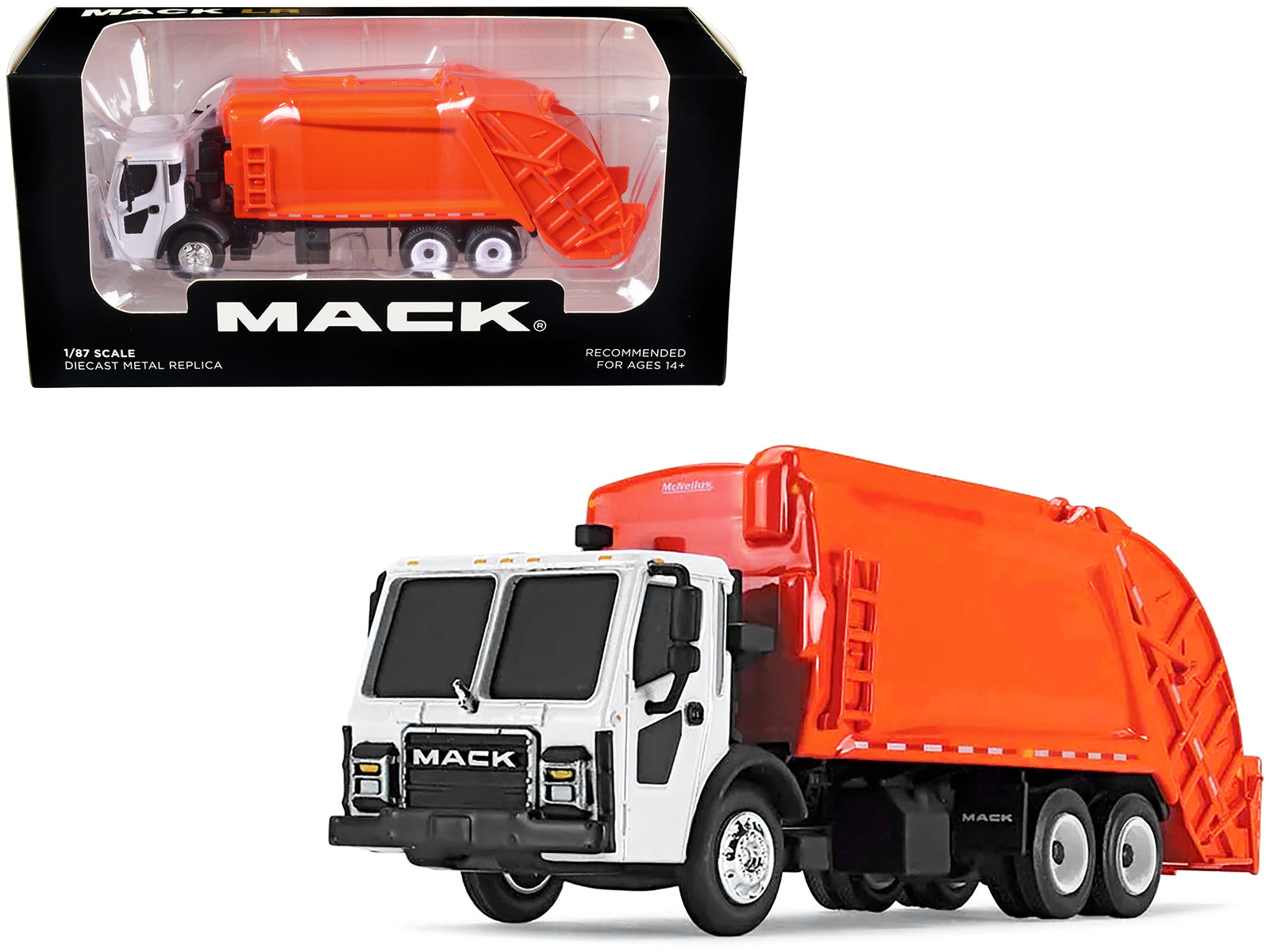 Mack LR with McNeilus Rear Load Refuse Body Orange and White 1/87 (HO) Diecast Model by First Gear free shipping USA