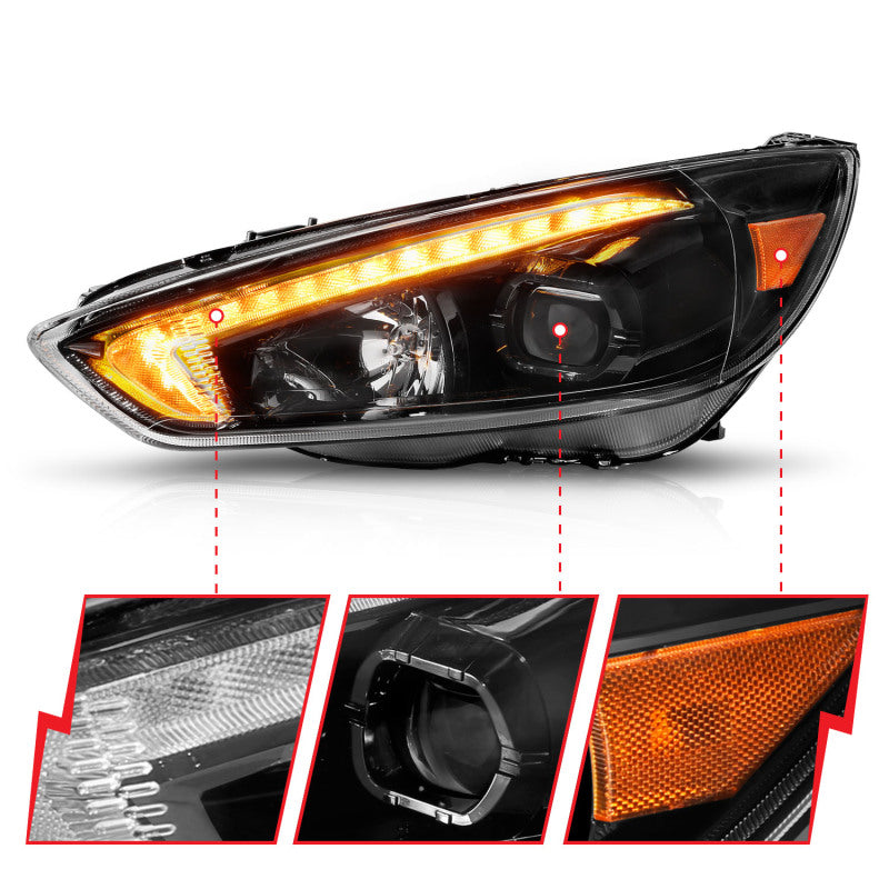 ANZO 15-18 Ford Focus Projector Headlights - w/ Light Bar Switchback Black Housing 121564