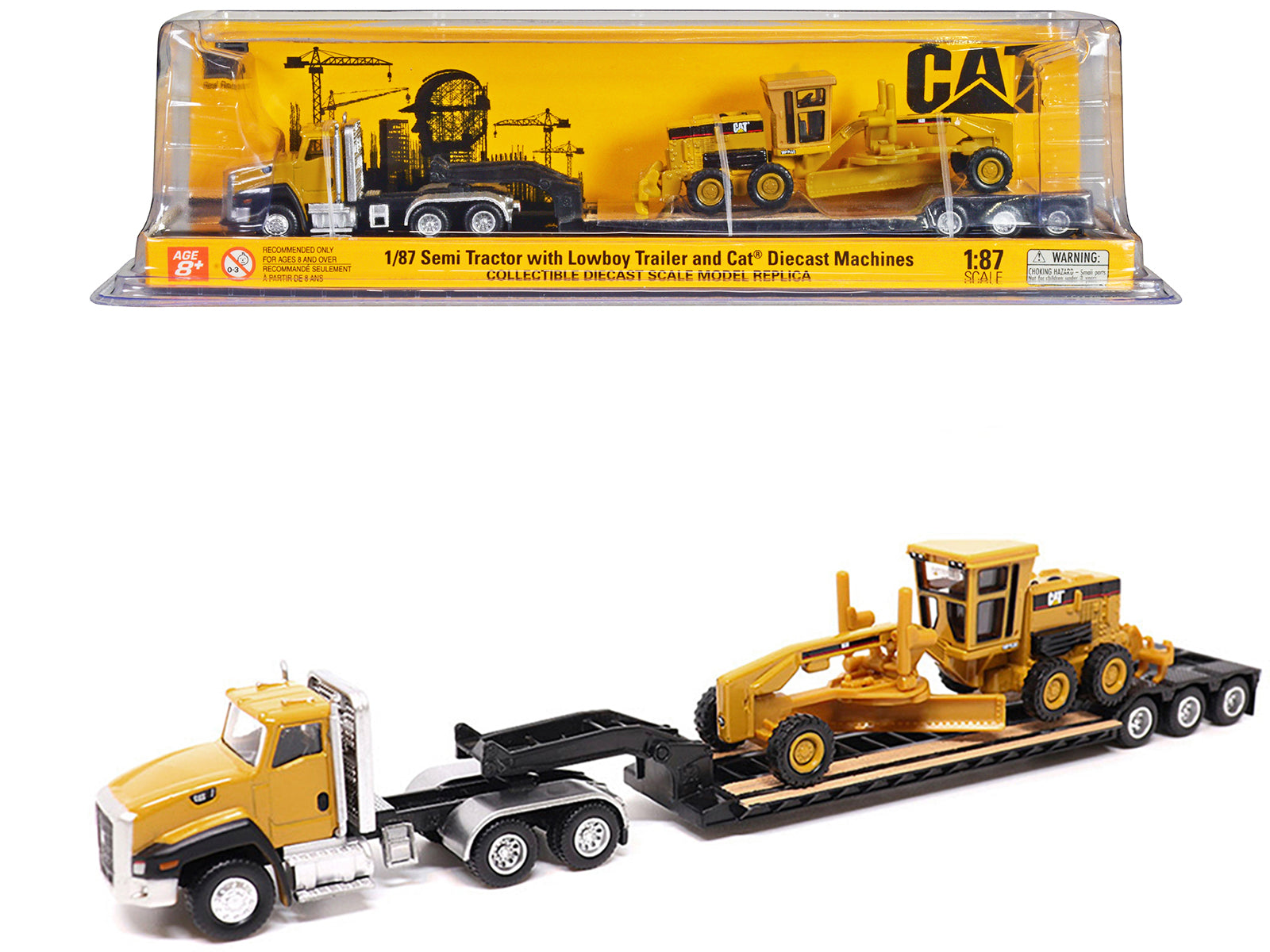 CAT Caterpillar CT660 Day Cab Tractor Yellow with Lowboy Trailer and CAT 163H Motor Grader Yellow 1/87 (HO) Diecast Model by Diecast Masters free shipping USA