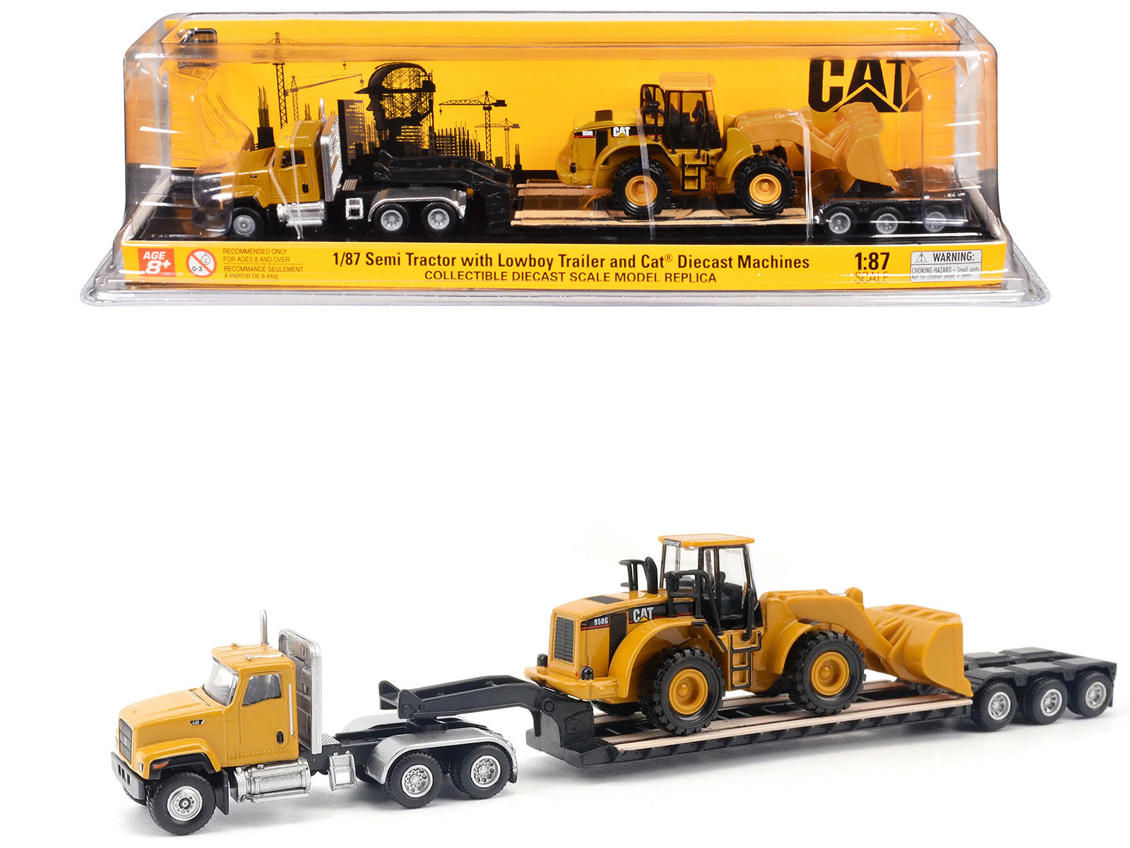 CAT Caterpillar CT681 Day Cab Tractor Yellow with Lowboy Trailer and CAT 950G Wheel Loader Yellow 1/87 (HO) Diecast Model by Diecast Masters free shipping USA