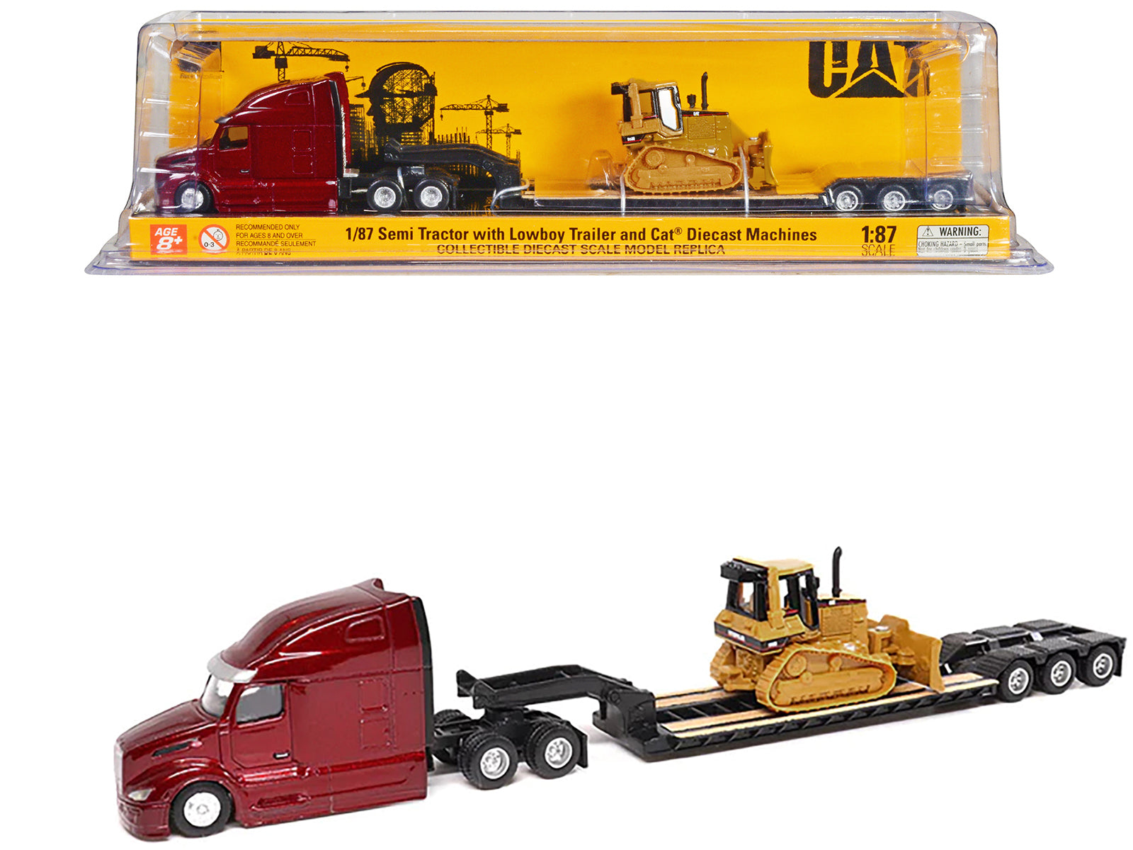 Peterbilt 579 UltraLoft Tandem Tractor Red Metallic with Lowboy Trailer and CAT D5M Dozer Yellow 1/87 (HO) Diecast Model by Diecast Masters free shipping USA