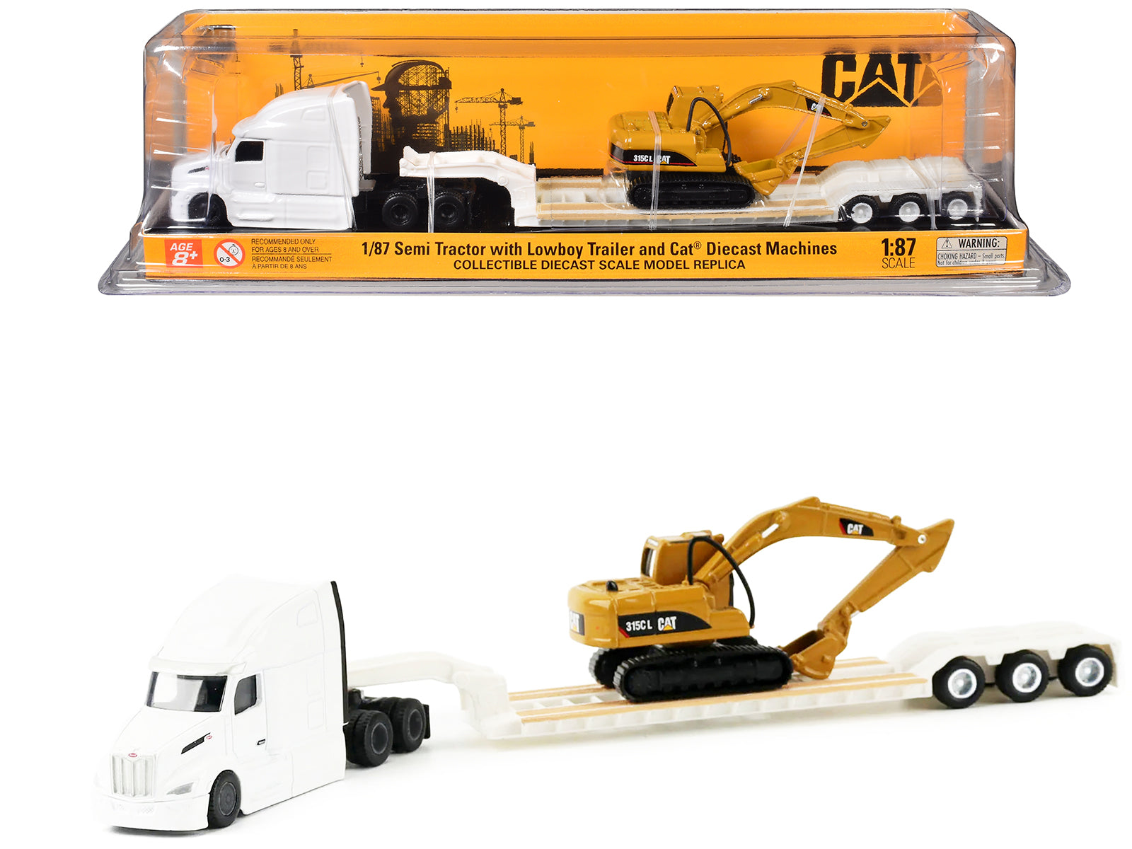 Peterbilt 579 Tractor White with Lowboy Trailer and CAT 315C Excavator Yellow 1/87 (HO) Diecast Model by Diecast Masters free shipping USA