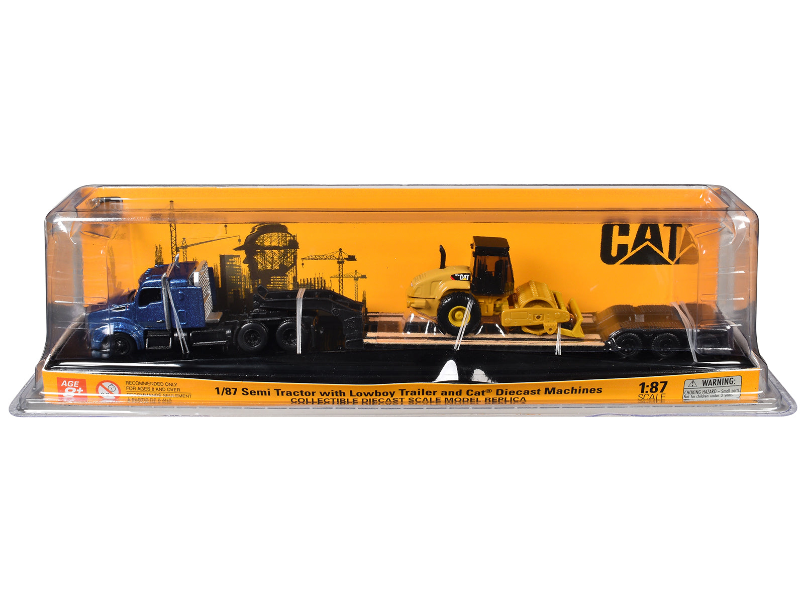 Kenworth T880 Tractor Blue Metallic with Lowboy Trailer and CAT Padfoot Roller Yellow 1/87 (HO) Diecast Model by Diecast Masters free shipping USA
