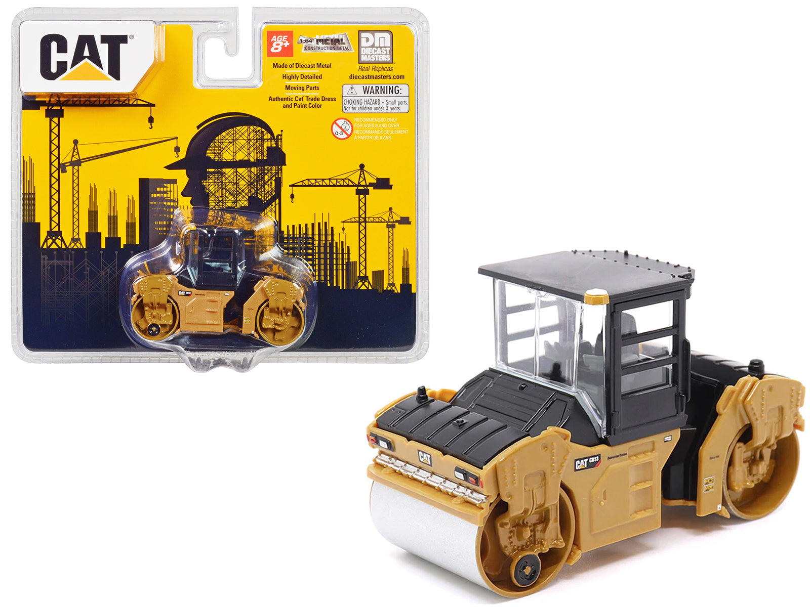 CAT Caterpillar CB-13 Tandem Vibratory Roller with Cab Yellow and Black 1/64 Diecast Model by Diecast Masters free shipping USA