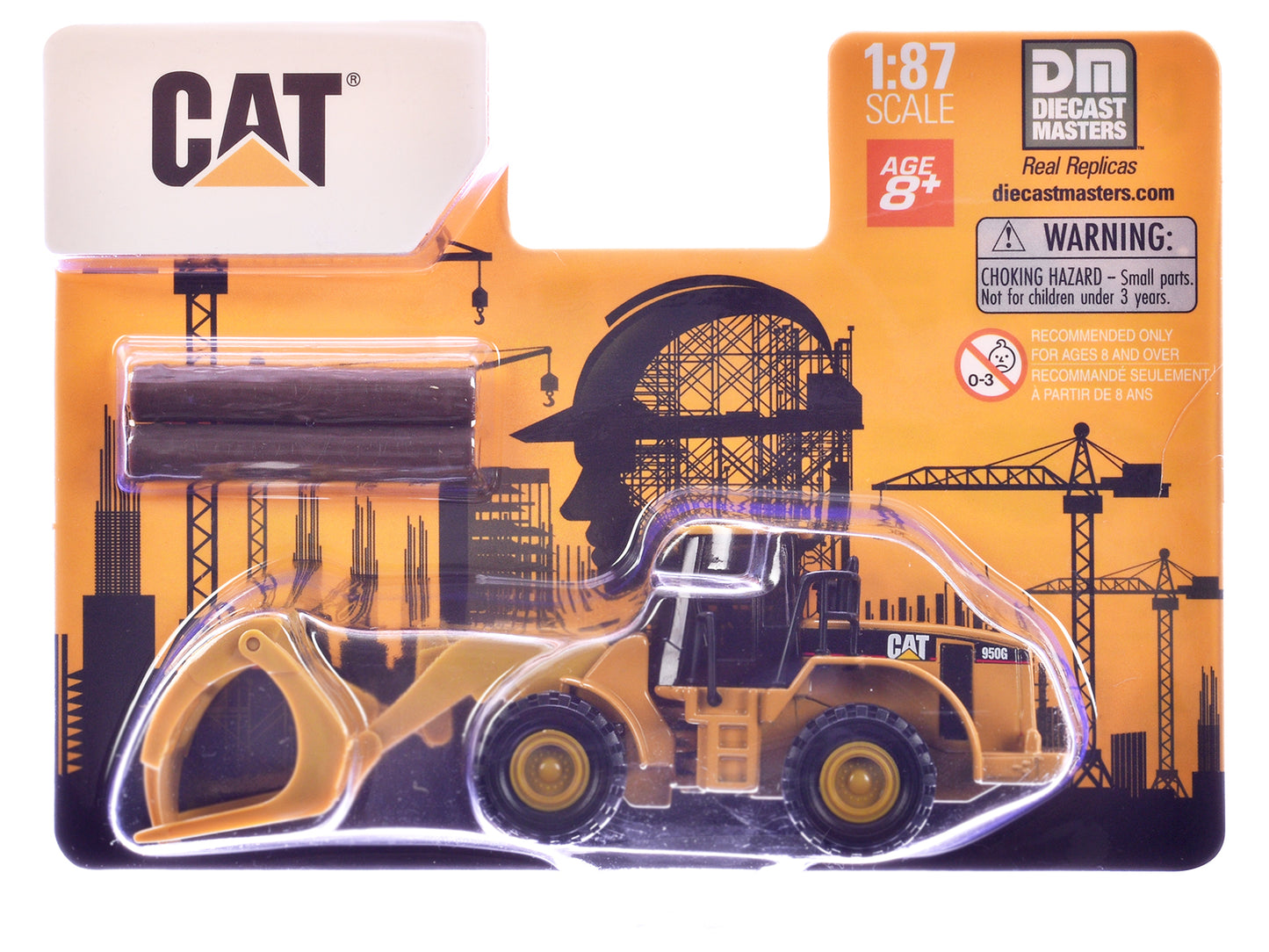 CAT Caterpillar 950G Wheel Loader Yellow with Log Fork and Wood Log Accessories 1/87 (HO) Diecast Model by Diecast Masters