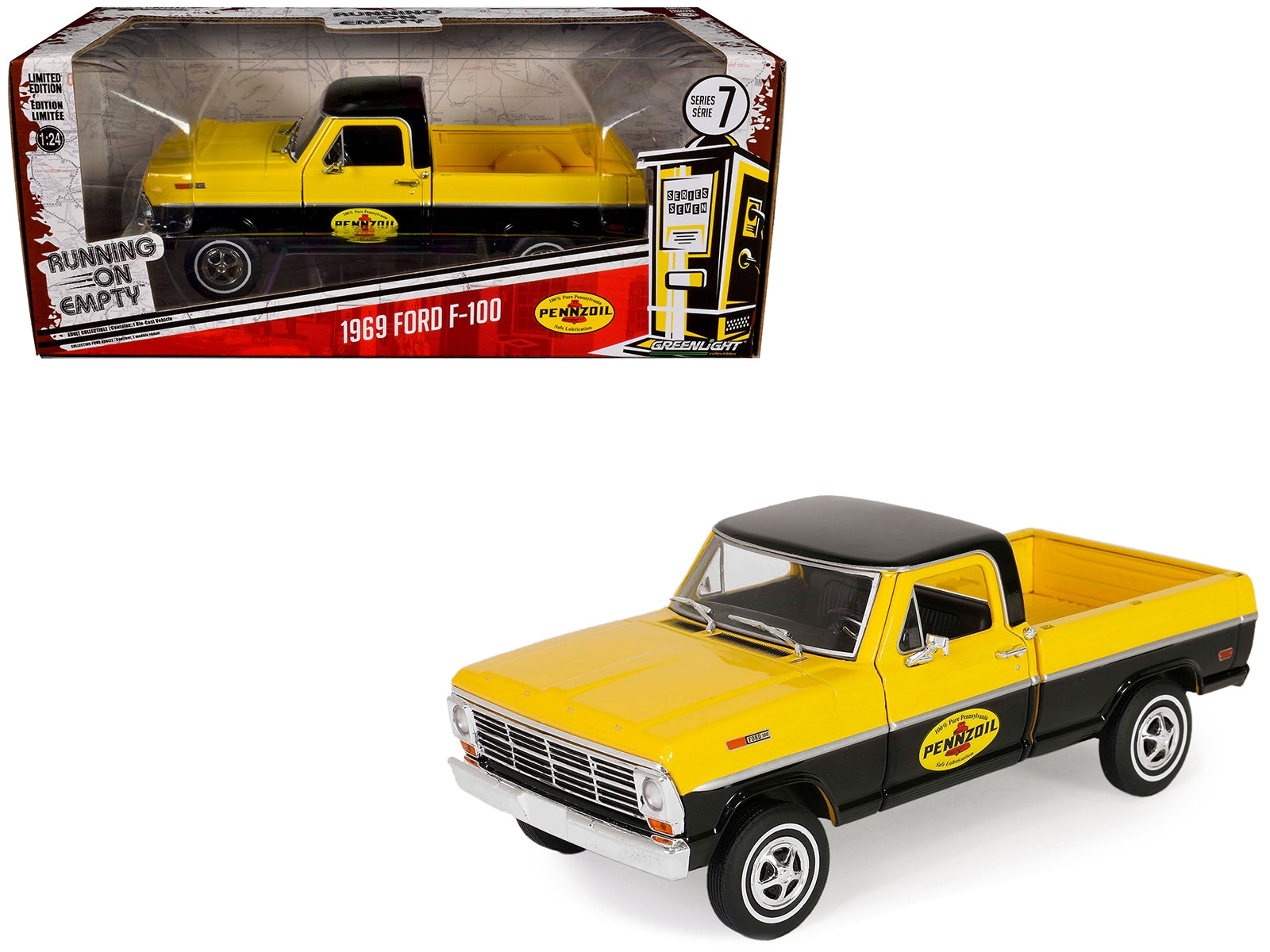 1969 Ford F-100 Pickup Truck "Pennzoil" Yellow and Black "Running on Empty" Series 7 1/24 Diecast Model Car by Greenlight - Premium Ford Models from Greenlight - Just $52.99! Shop now at Rapidvehicles