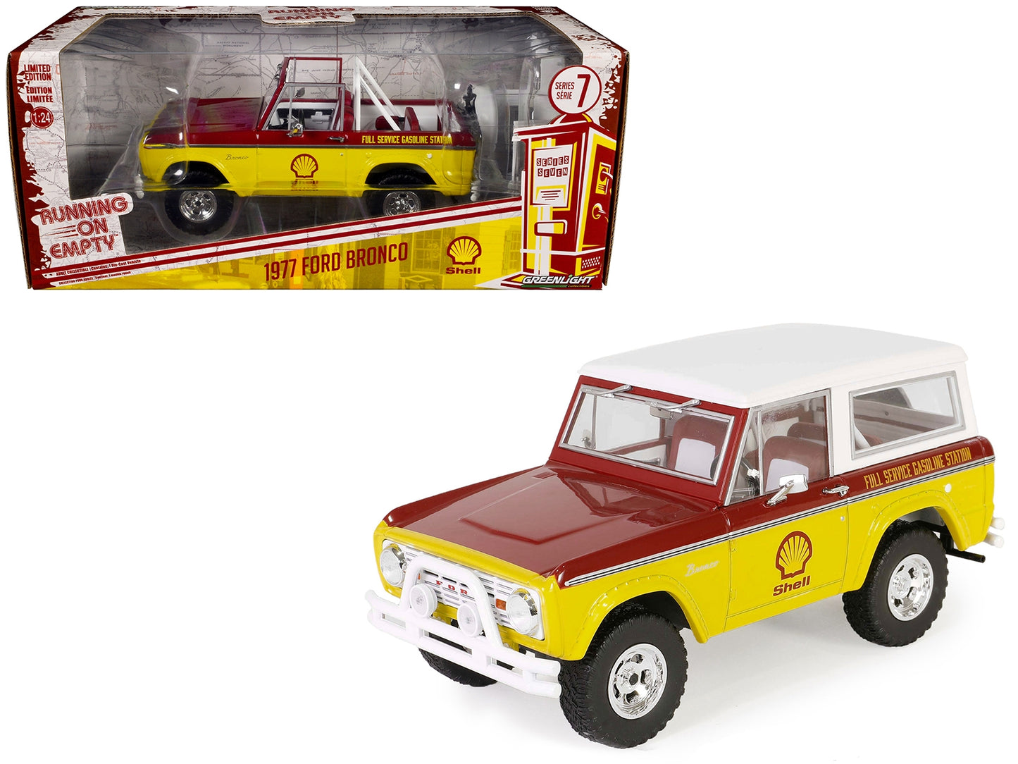 1977 Ford Bronco "Shell Oil" Red and Yellow with White Top - Premium Ford Models from Greenlight - Just $54.89! Shop now at Rapidvehicles