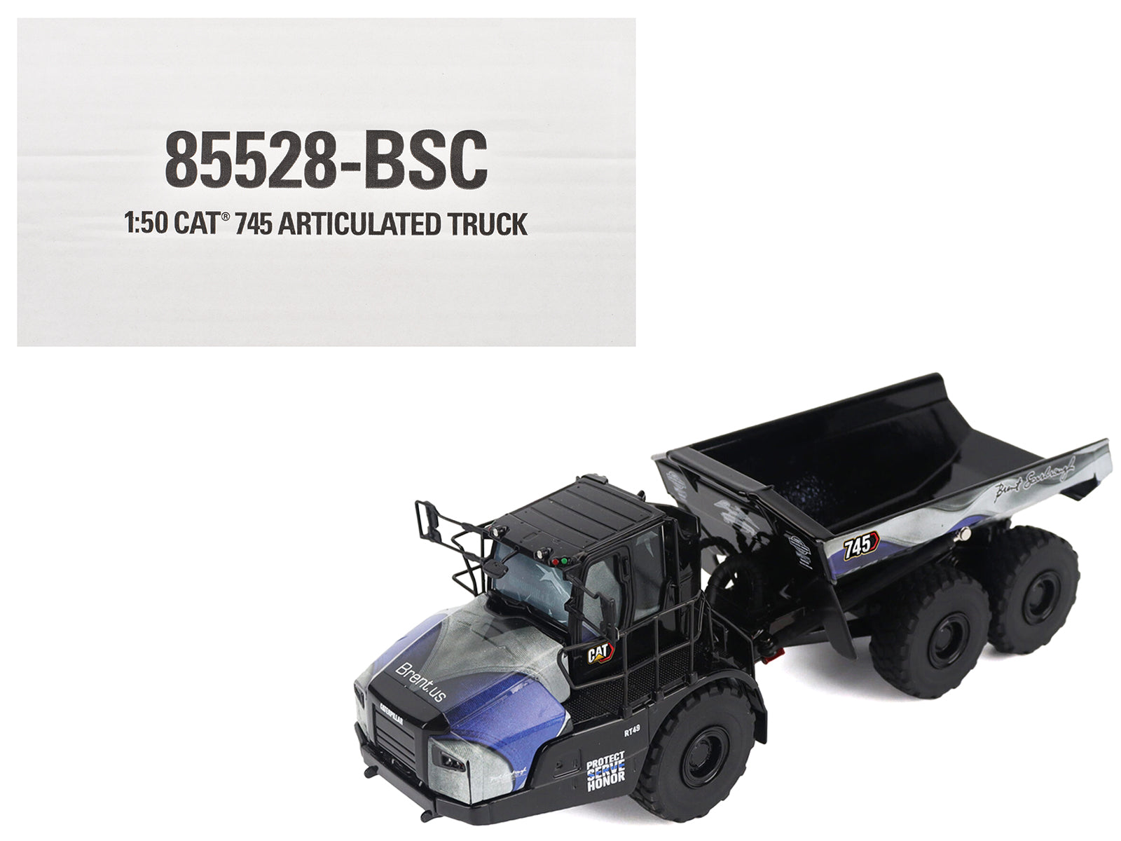 CAT Caterpillar 745 Articulated Dump Truck "Brent Scarbrough & Co. - Back the Blue" Black with Graphics "High Line" Series 1/50 Diecast Model by Diecast Masters free shipping USA
