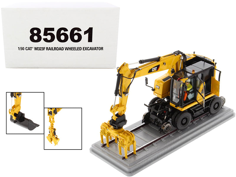 CAT Caterpillar M323F Railroad Wheeled Excavator with Operator and 3 Work Tools Safety Yellow Version "High Line Series" 1/50 Diecast Model by Diecast Masters free shipping USA