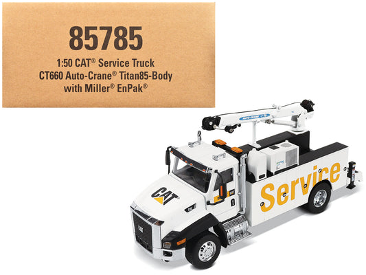 CAT Caterpillar CT660 Auto-Crane Titan 85 Truck with Miller EnPak White "Transport Series" 1/50 Diecast Model by Diecast Masters