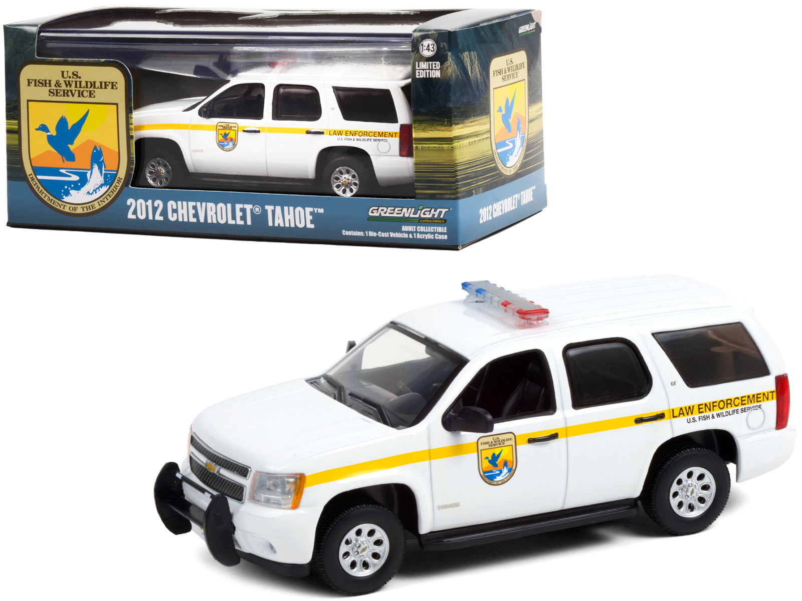 2012 Chevrolet Tahoe White with Yellow Stripes "U.S. Fish & Wildlife Service Law Enforcement" 1/43 Diecast Model Car by Greenlight free shipping USA