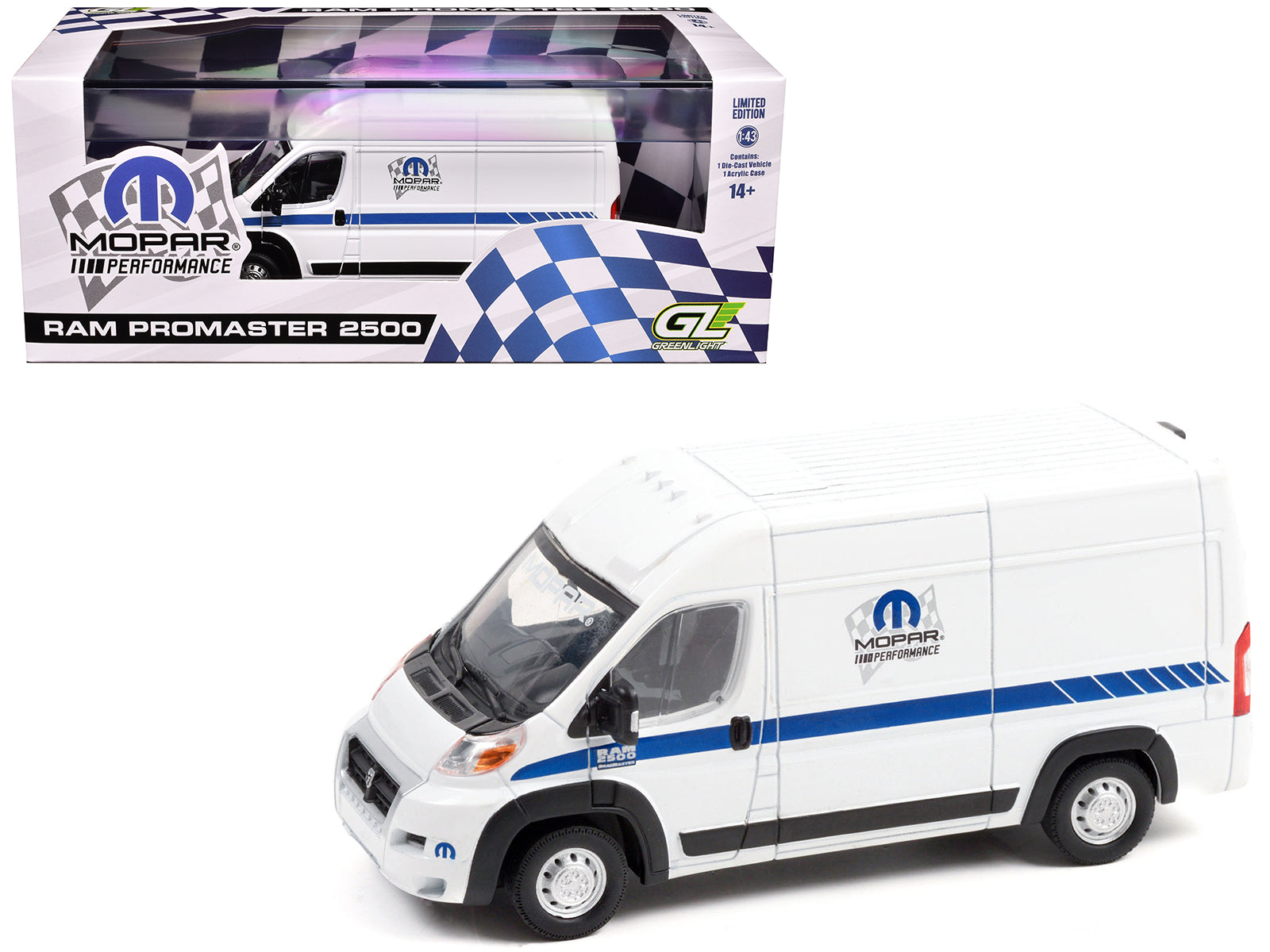 2018 RAM ProMaster 2500 Cargo High Roof Van "MOPAR Performance" White with Blue Stripes 1/43 Diecast Model Car by Greenlight free shipping USA