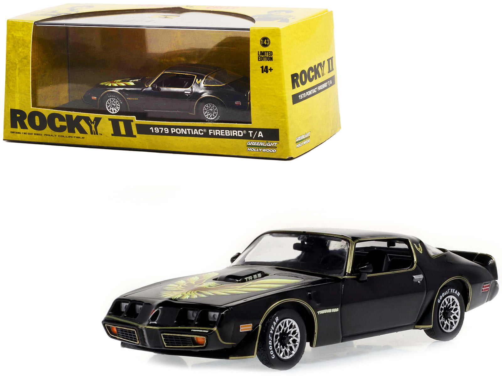 1979 Pontiac Firebird T/A Trans Am Black with Hood Phoenix "Rocky II (1979) Movie" 1/43 Diecast Model Car by Greenlight free shipping USA
